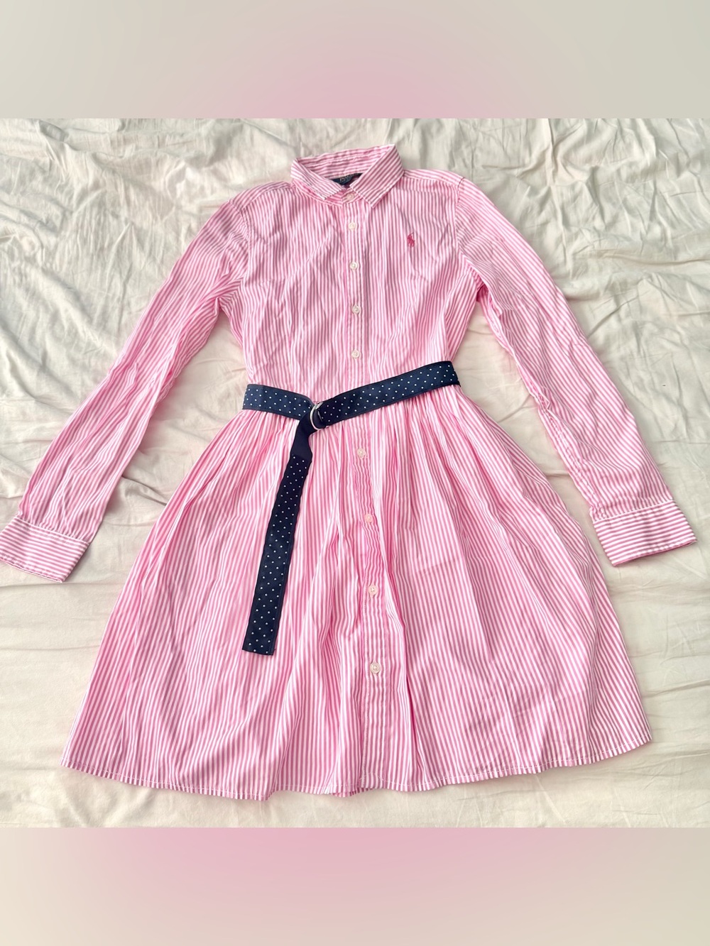 Polo Ralph Lauren Girls 14 Pink Striped Button-Down Belted Shirt Dress Preppy